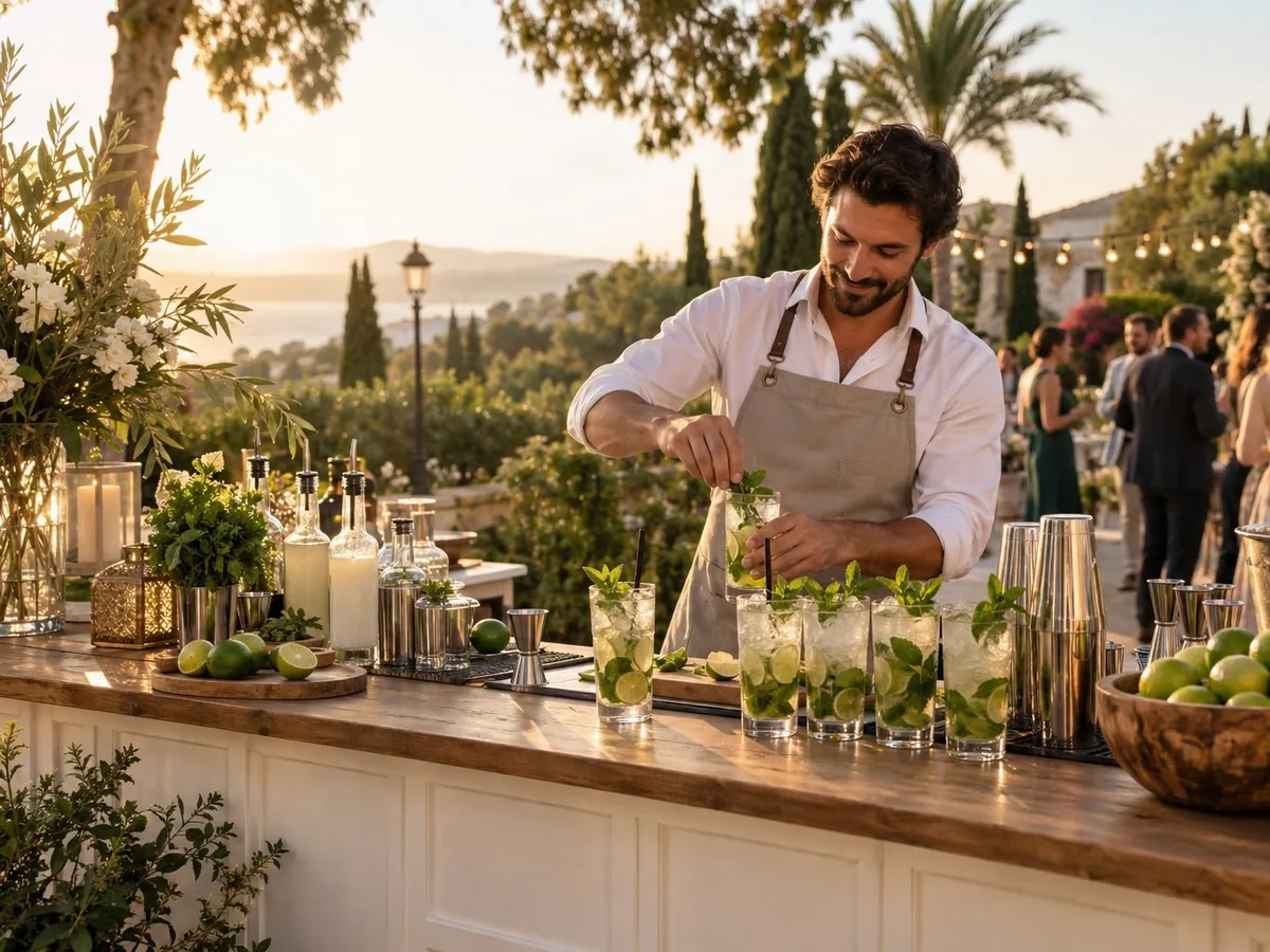 Puesto de coctelería y mojitos preparados en directo en una boda