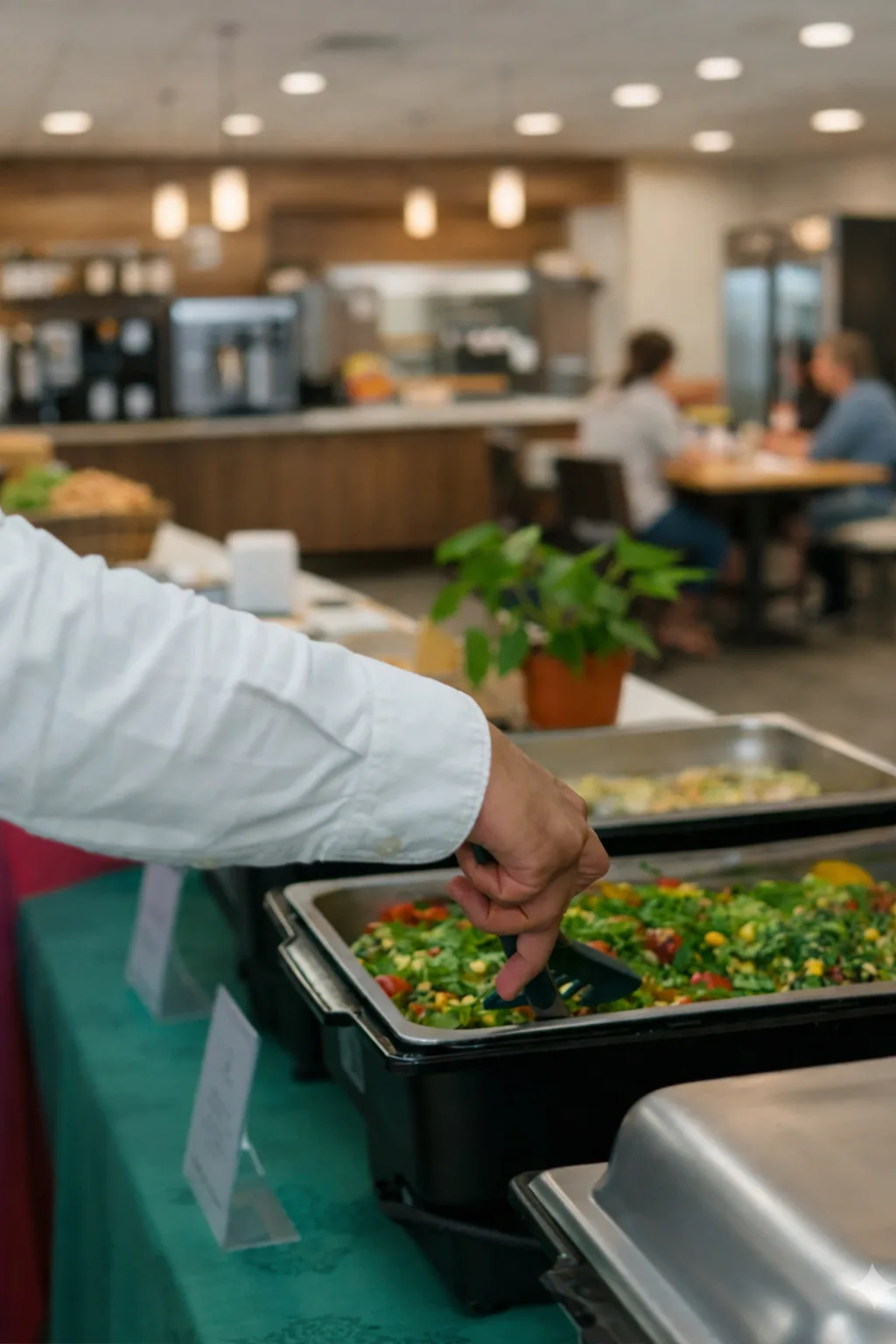 Chef setting out organic vegetable salad in a GN tray for collective catering service
