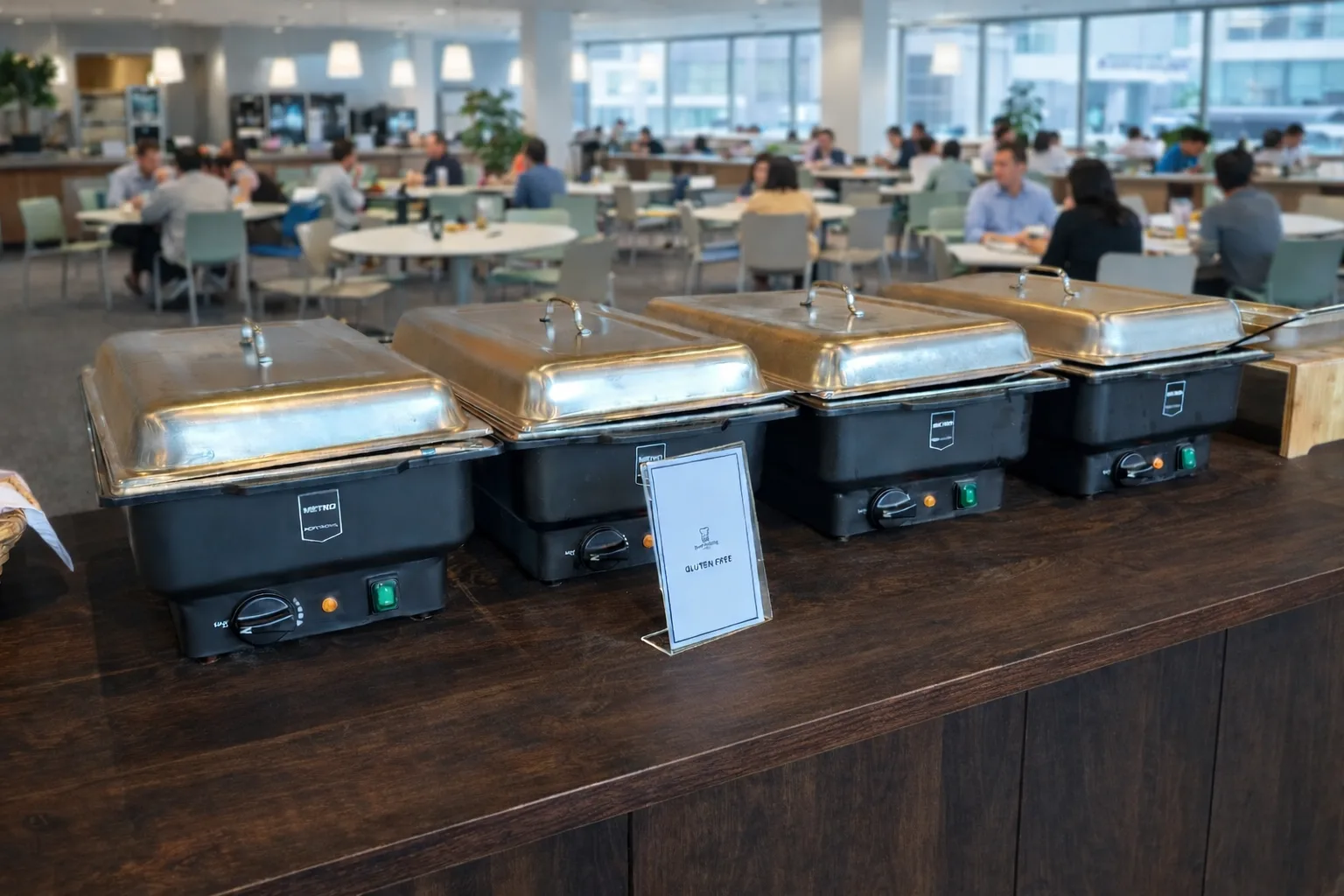 Chafing dish line with SmartCatering Gluten Free label in a large corporate cafeteria