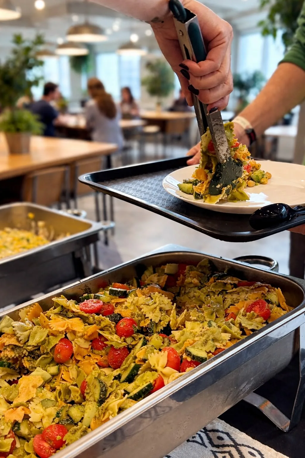 Emplatado en directo de pasta y ensalada durante el servicio de catering