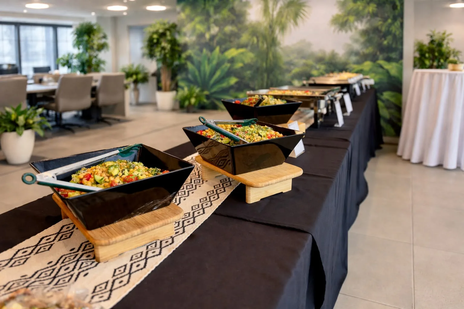 Fila de ensaladas en buffet con comensales al fondo