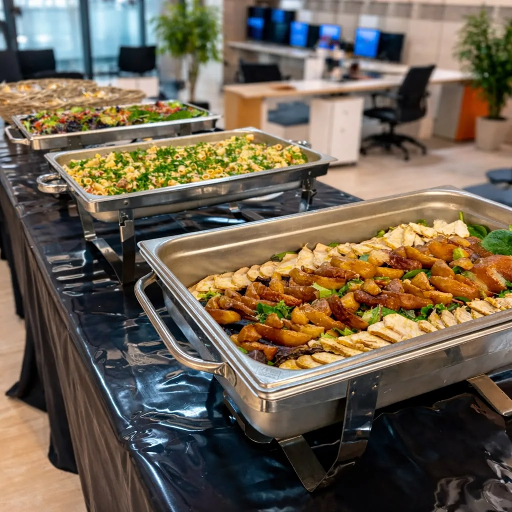 Brochetas de pollo y tofu en buffet de oficina