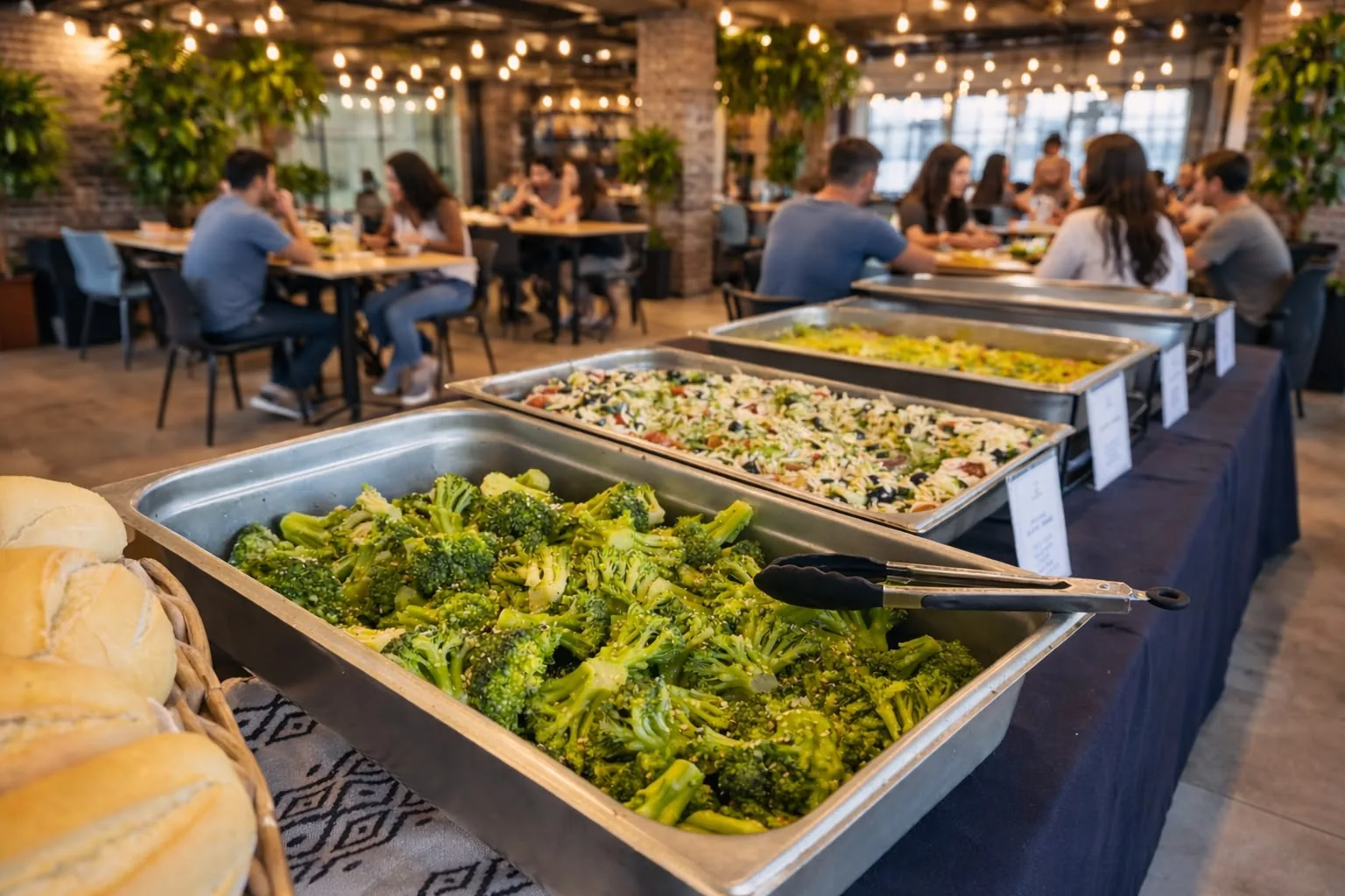 Bandeja de brócoli en buffet con comensales de restaurante al fondo